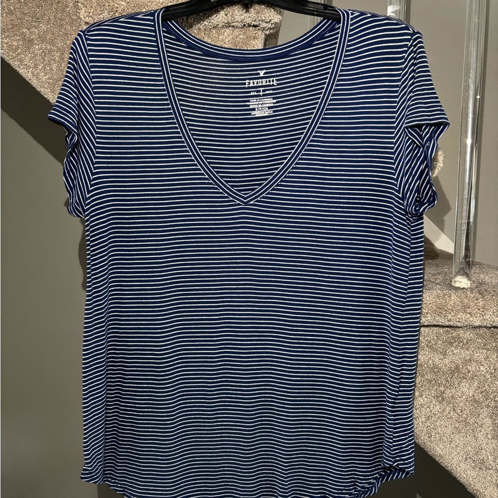 American Eagle Outfitters Blue and White Striped V-Neck Tee